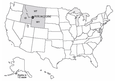 Map of the U.S. with Yellowstone National Park highlighted, primarily in Wyoming but extending slightly into Montana, and Idaho.